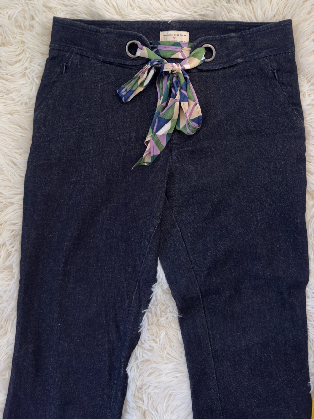 Anthropologie High-Rise Dark Indigo Jeans with Multicolor Geometric Tie - Picture 2 of 8